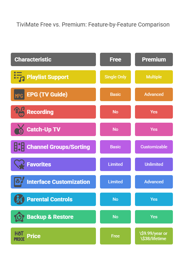 TiviMate Free vs. Premium chart—Is TiviMate subscription worth it? Feature and price comparison for 2025.
