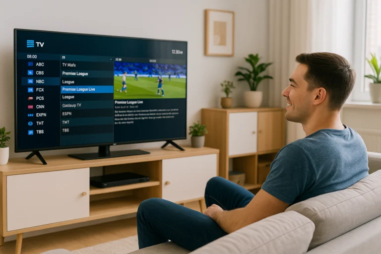 User watching TiviMate app on TV in modern living room, evaluating if TiviMate subscription is worth it for IPTV in 2025.