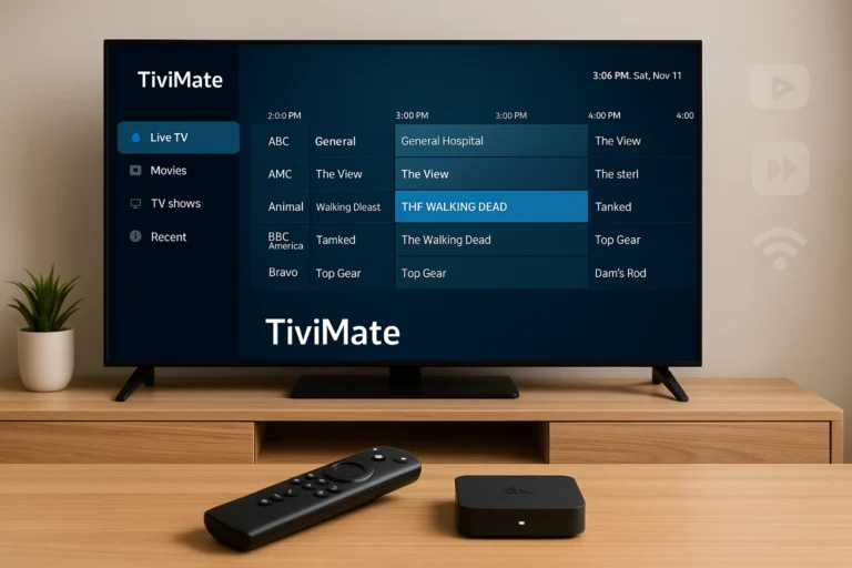what is tivimate IPTV Player interface on TV screen in a modern living room