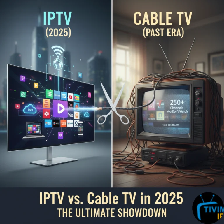 comparing IPTV vs Cable TV, showing modern streaming on a monitor versus an old, wired TV. Scissors cut the cable, symbolizing cord-cutting.