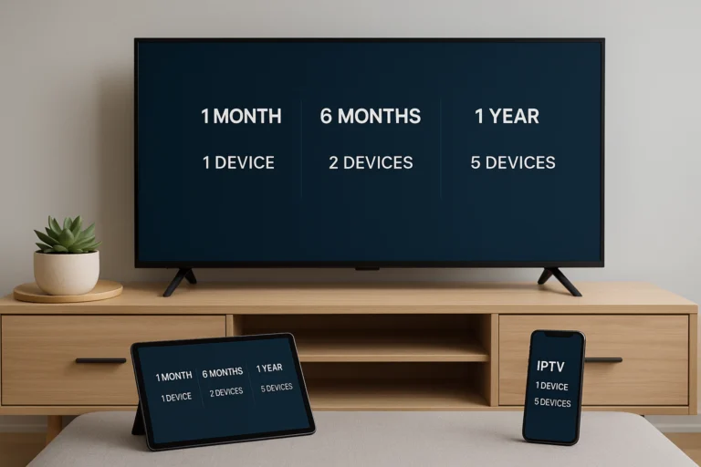 IPTV Subscription Plans 2025 realistic setup showing smart TV, tablet, and smartphone with subscription options