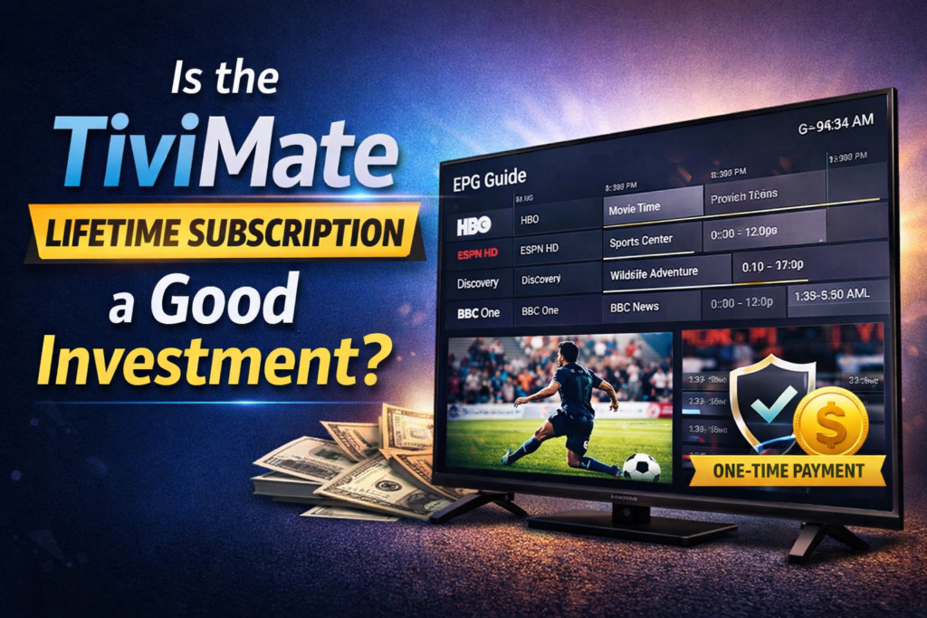 TiviMate Lifetime Subscription interface showing IPTV channels and one-time payment benefits