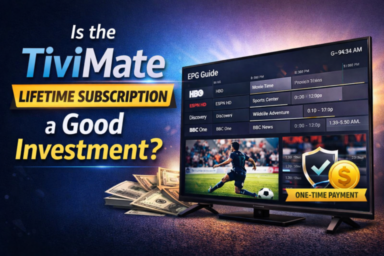 TiviMate Lifetime Subscription interface showing IPTV channels and one-time payment benefits