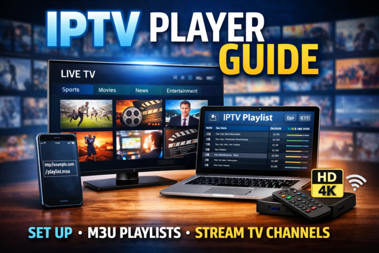 IPTV player guide featured image showing TV, laptop, and smartphone streaming IPTV playlists