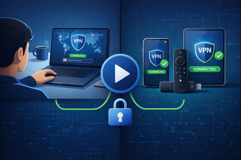 Best VPN for Streaming setup process illustration showing VPN app configuration and connected streaming devices