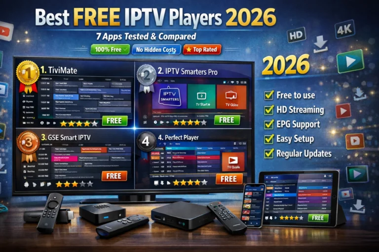 Best free IPTV players 2026 showing TiviMate IPTV Smarters Pro GSE Smart IPTV and Perfect Player interfaces compared on devices