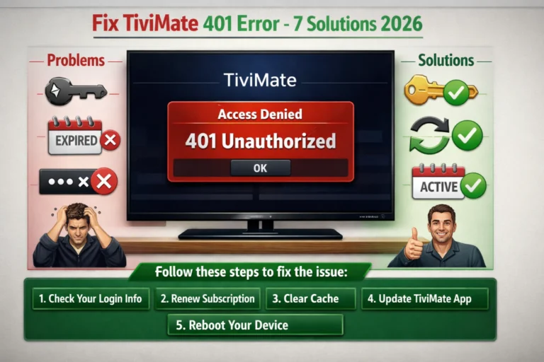 TiviMate 401 unauthorized error message on TV screen with troubleshooting solutions showing credential check and playlist update fixes 2026