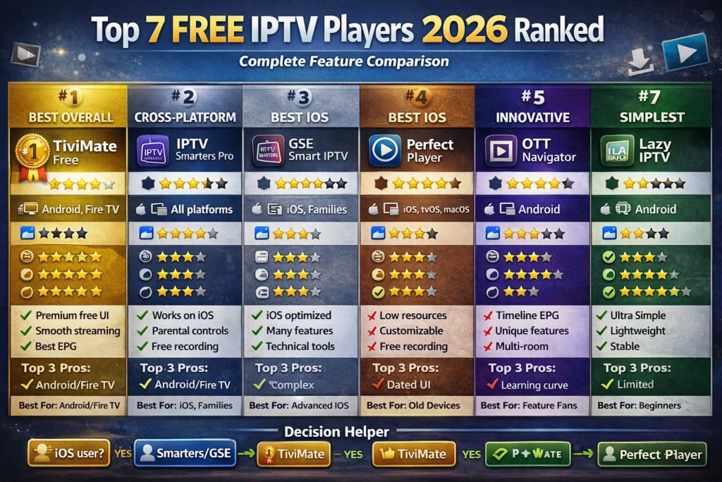 Ranking chart comparing top 7 free IPTV players 2026 with ratings pros cons and best use cases for each app