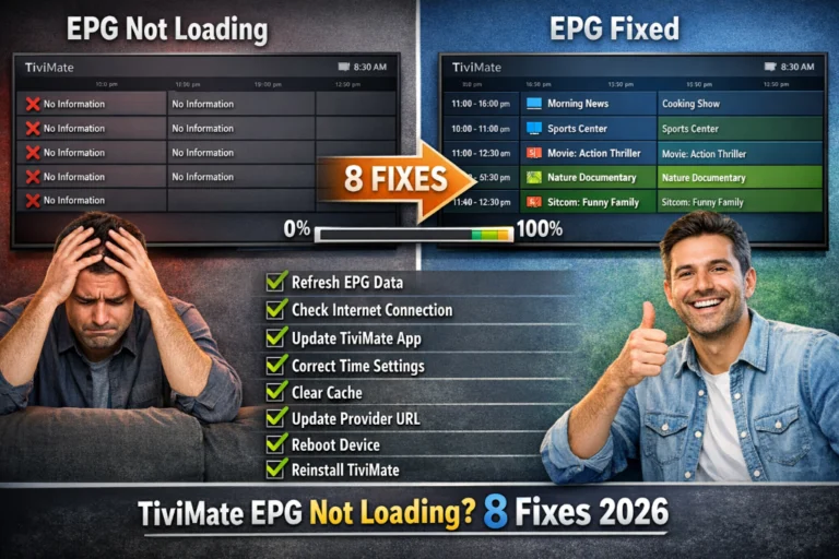 TiviMate EPG not loading showing empty No Information schedule versus full program guide with shows after applying fixes 2026